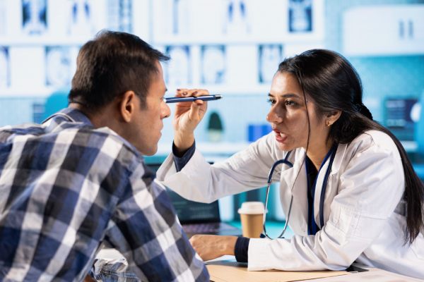 An eye specialist examining a patient, representing the importance of early eye checkups for diabetes care.