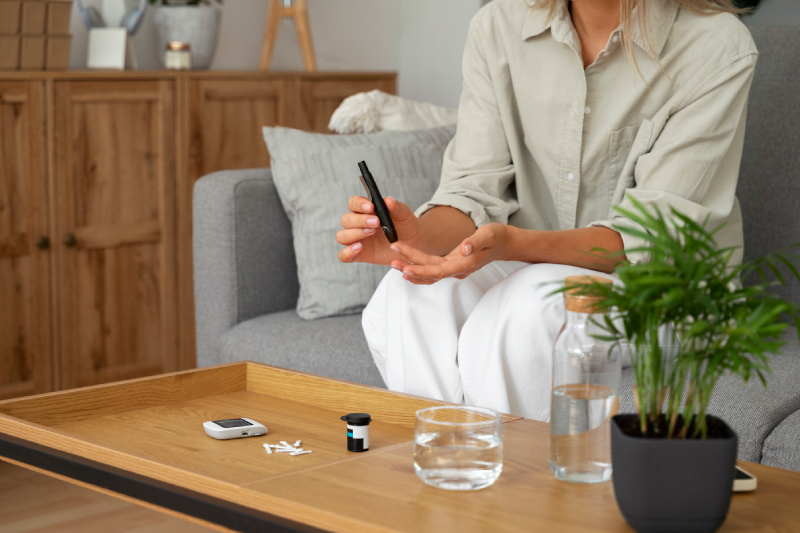 A woman using a lancet pen to check her blood sugar levels at home.