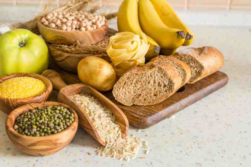 Sources of carbs, fat, protein, and fiber, showing that low intake of fat, protein, and fiber with carbs may lead to hypoglycemia.
