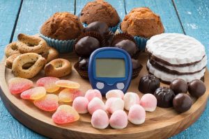 Sweet foods and a glucose meter highlight how an unhealthy lifestyle can raise diabetes risk.