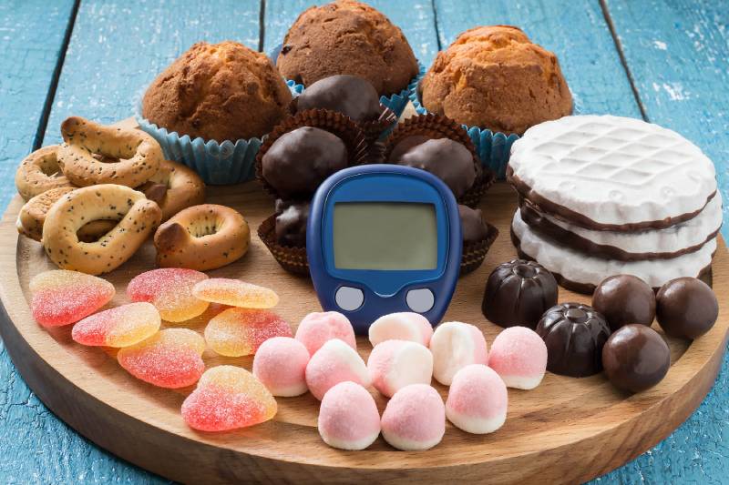 Sweet foods and a glucose meter highlight how an unhealthy lifestyle can raise diabetes risk.
