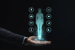 Holographic body with health icons illustrating modern tech innovations for diabetes care.