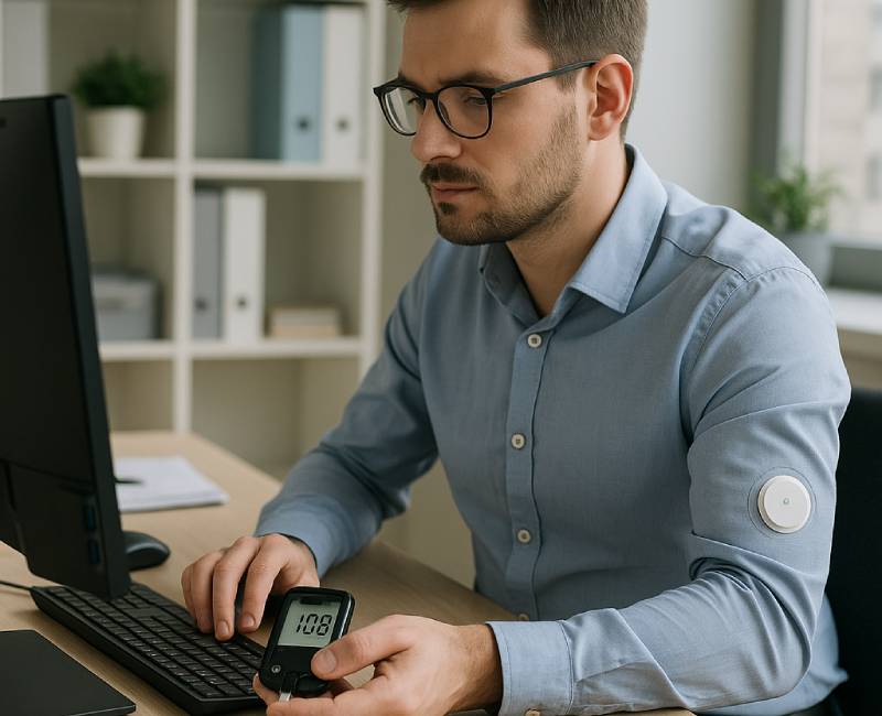 Employee using a CGM device to monitor glucose levels at the workplace.