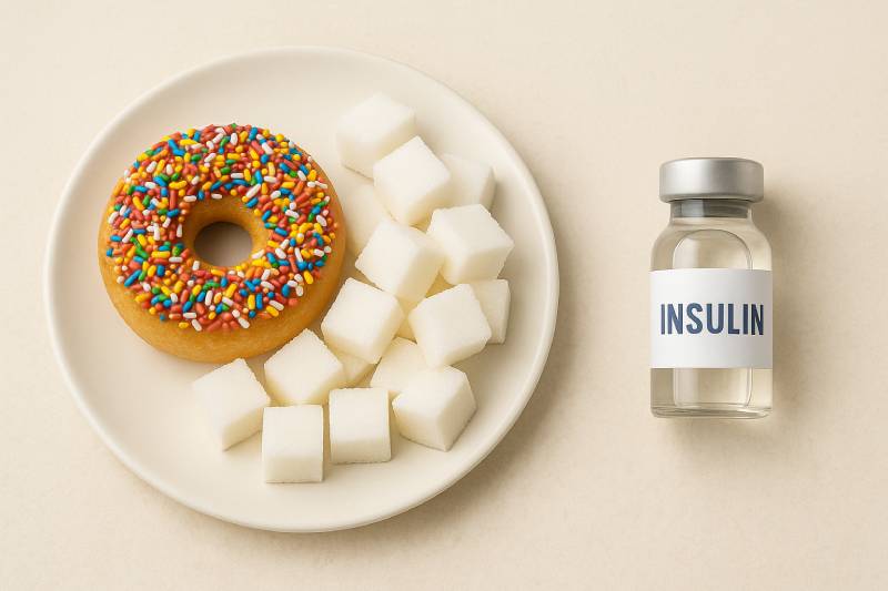 Donut and sugar cubes beside an insulin bottle representing diabetes and sugar control.