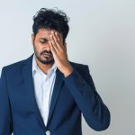 A stressed man with diabetes, showing how adrenal glands release hormones that rapidly increase blood sugar levels.