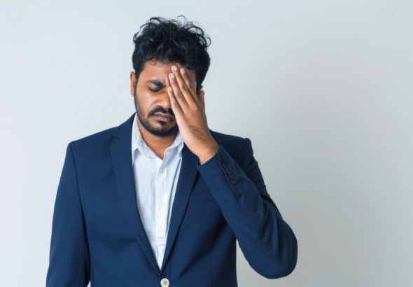 A stressed man with diabetes, showing how adrenal glands release hormones that rapidly increase blood sugar levels.