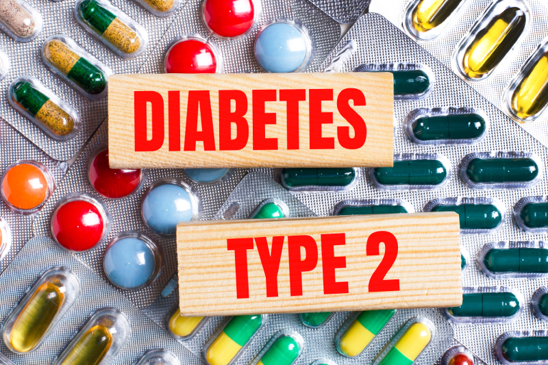 Text reading 'Diabetes Test 2' above tablets, representing diabetes oral medications.