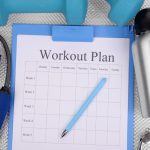 Sports equipment and a fitness schedule illustrating a basic weekly workout plan for diabetic patients.