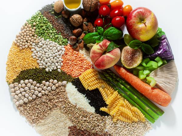 A diet chart of fruits, vegetables, grains, and cereals reflects lifestyle changes for managing type 2 diabetes.