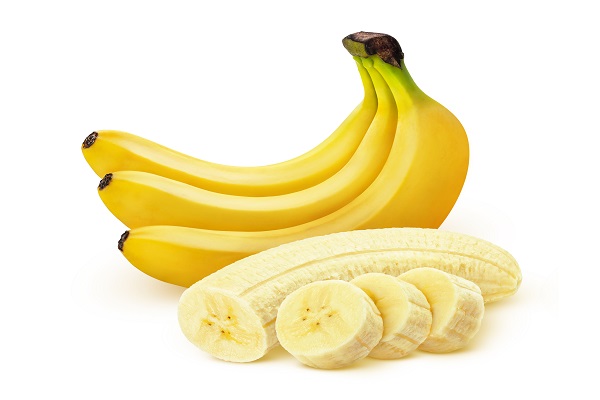 A bunch of bananas and banana slices, rich in potassium that helps maintain healthy blood pressure levels.