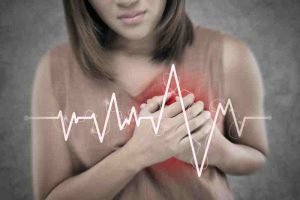 Woman clutching her chest in pain with a heartbeat graph, indicating symptoms of a mini heart attack.