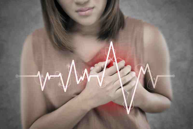Woman clutching her chest in pain with a heartbeat graph, indicating symptoms of a mini heart attack.