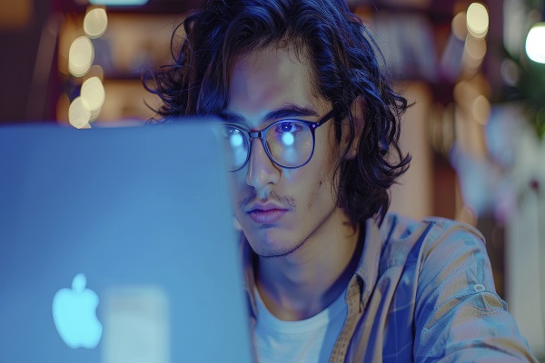 Man wearing anti-reflective glasses, suggesting improved comfort and clearer vision.