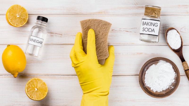 Vinegar and baking soda, common in kitchens, fight grease and stains without harsh chemical cleaners.