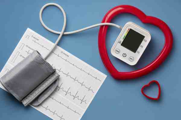 Blood pressure monitor, EKG printout, and red heart shapes arranged to represent heart health.