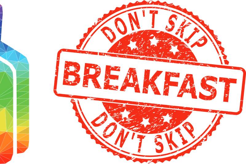 Red stamp urging 'DON’T SKIP BREAKFAST' to emphasize breaking the overnight fast for energy.