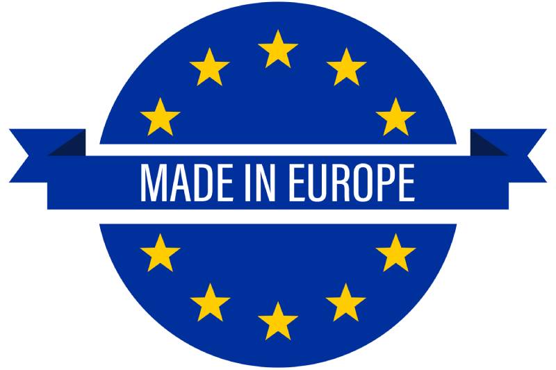 Made in Europe label with EU stars, E-numbers are food additive codes.