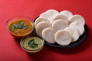 Idli with chutneys, a nutritious, complete protein-packed breakfast.
