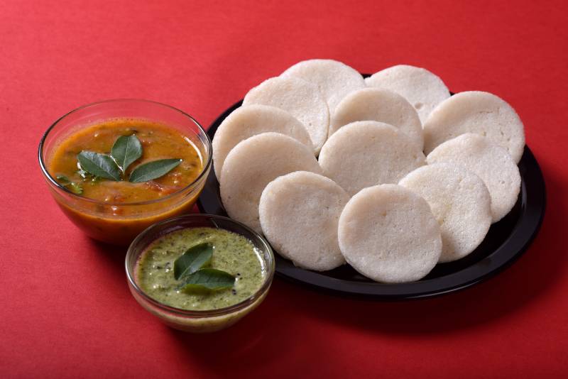 Idli with chutneys, a nutritious, complete protein-packed breakfast.