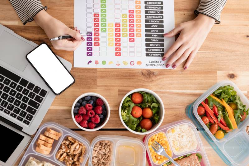Meal prep with fresh produce and planning chart, buy only what you need, reduce food waste.