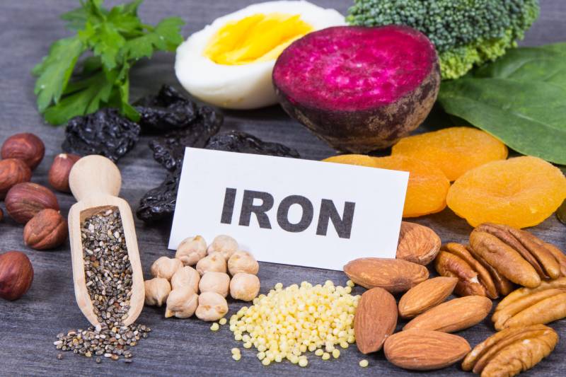 A variety of iron-rich foods, highlighting the difference between heme and non-heme iron.