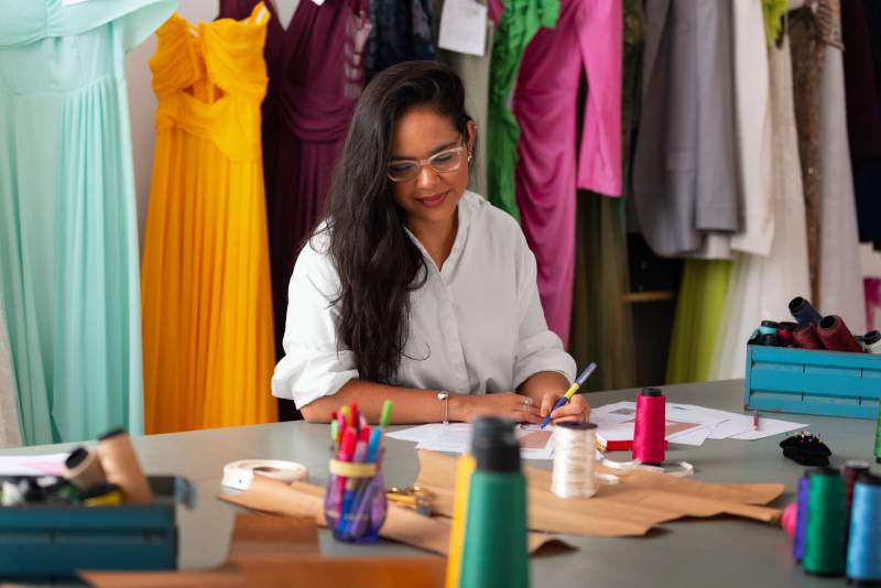 An entrepreneur designing in her studio, embodying the dream and challenges of starting a small business.